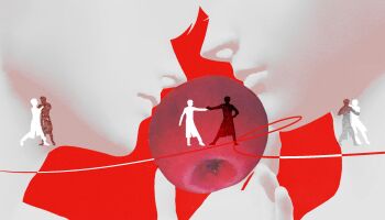 2boys apple black_coat close-up coat color_contrast dancing faceless food forehead-to-forehead fruit hand_up heads_together highres holding holding_food holding_fruit holding_hands kim_dokja multiple_boys multiple_views omniscient_reader's_viewpoint open_clothes open_coat string tix_0314 white_coat yoo_joonghyuk