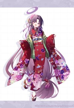 1girl absurdly_long_hair blue_archive brown_sandals fate_(series) floral_print floral_print_kimono flower full_body green_jacket hair_flower hair_ornament halo jacket japanese_clothes kimono long_hair long_sleeves looking_at_viewer obi official_art okobo open_clothes open_jacket open_mouth platform_sandals print_kimono purple_eyes purple_hair riichu sandals sash smile socks standing standing_on_one_leg tabi very_long_hair white_socks wide_sleeves yukari_(blue_archive)