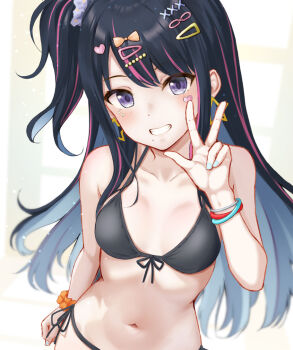 1girl aqua_nails arm_at_side bikini black_bikini black_hair blush bow breasts ca_paria commentary_request fingernails front-tie_bikini_top front-tie_top grey_eyes grin hair_bow hair_ornament hairclip hand_up heart heart_hair_ornament heart_sticker idolmaster idolmaster_shiny_colors kazano_hiori long_hair looking_at_viewer medium_breasts multicolored_hair nail_polish navel one_side_up parted_bangs side-tie_bikini_bottom smile solo standing sticker sticker_on_face stomach streaked_hair swimsuit upper_body variant_set w wristband yellow_background