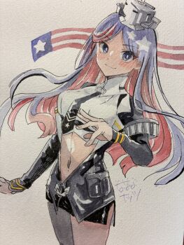 1girl american_flag black_jacket black_necktie black_skirt blue_eyes blue_hair blush bomber_jacket breasts commentary_request cowboy_shot headgear highres jacket kantai_collection large_breasts long_hair looking_at_viewer multicolored_hair nanananatsu navel necktie red_hair shirt simple_background skirt smile solo south_dakota_(kancolle) south_dakota_kai_(kancolle) star_(symbol) stomach traditional_media white_shirt