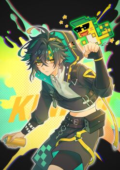 Rule 34 | 1boy, absurdres, ajaw (genshin impact), black gloves, black hair, black hood, black jacket, black shorts, black sleeves, blonde hair, earrings, fingerless gloves, genshin impact, gloves, green eyes, green hair, hair between eyes, headband, highres, holding, holding spray can, jacket, jewelry, kinich (genshin impact), liu (erzplubdduik93g), long sleeves, male focus, multicolored hair, short hair, shorts, spray can, streaked hair, yellow headband