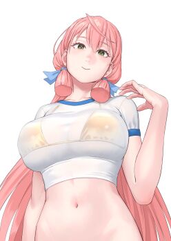 1girl akashi_(kancolle) bikini bikini_under_clothes blush breasts commentary_request crop_top gold_bikini green_eyes hair_ribbon highres impossible_clothes impossible_shirt kantai_collection long_hair looking_at_viewer pink_hair ribbon see-through_clothes shirt skin_tight smile solo swimsuit tress_ribbon yuuji_(and)