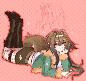 1girl animal_ears boots brown_boots brown_hair brown_shorts commentary english_commentary eyeshadow fishnet_pantyhose fishnets floppy_ears fur-trimmed_jacket fur_trim green_jacket head_rest highres iheartmessiah jacket long_hair looking_at_viewer lying makeup official_alternate_costume on_stomach pantyhose polka_dot polka_dot_background red_eyes red_eyeshadow shirt shorts sketch_inset smile solo tail the_pose white_shirt ye_shunguang zenless_zone_zero