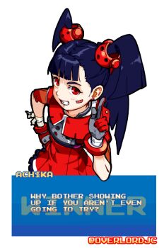Rule 34 | 1girl, achika (overlord jc), armor, bandaid, bandaid on cheek, bandaid on face, black hair, breastplate, character name, dialogue box, dress, earrings, from above, gloves, grin, hand on own hip, jewelry, long hair, looking at viewer, original, overlord jc, red dress, red eyes, red gloves, short dress, smile, solo, stud earrings, twintails, victory pose