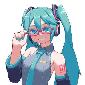 1girl adjusting_eyewear aqua_eyes aqua_hair aqua_nails aqua_necktie bare_shoulders bespectacled collared_shirt detached_sleeves glasses grey_shirt hair_ornament hand_up hatsune_miku headset highres kanbaru_mitsuki long_hair long_sleeves necktie shirt simple_background sleeveless sleeveless_shirt solo twintails upper_body vocaloid white_background