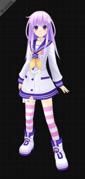 1girl 3d black_background blush choker d-pad d-pad_hair_ornament dress full_body grid_background hair_ornament long_hair long_sleeves looking_at_viewer neckerchief nepgear neptune_(series) official_art pink_thighhighs pouch purple_eyes purple_hair purple_sailor_collar sailor_collar sailor_dress shin_jigen_game_neptune_vii shoes smile solo striped_clothes striped_thighhighs thigh_pouch thigh_strap thighhighs white_choker white_dress white_shoes yellow_neckerchief