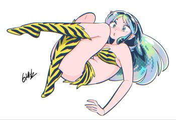 1girl animal_print aqua_hair bikini boots breasts commentary_request cone_horns full_body highres horns knee_boots long_hair lum muda_rengou_to_ziggy_stardust pointy_ears print_bikini print_boots sidelocks signature solo swimsuit tiger_print urusei_yatsura