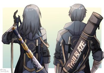 1boy 1girl baseball_bat black_bag black_gloves black_jacket border caelus_(honkai:_star_rail) commentary_request dual_persona english_text from_behind gloves gradient_background green_background grey_hair hand_up highres honkai:_star_rail honkai_(series) jacket long_hair long_sleeves outside_border short_hair simple_background stelle_(honkai:_star_rail) tong_(tong17687359) trailblazer_(honkai:_star_rail) twitter_username upper_body white_border