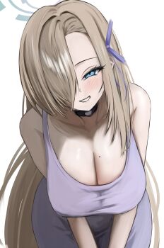Rule 34 | 1girl, :d, absurdres, alternate costume, asuna (blue archive), bare shoulders, black choker, blue archive, blue halo, blush, breasts, brown hair, choker, cleavage, collarbone, cowboy shot, dongtan dress, dress, eyelashes, green eyes, grin, hair over one eye, hair ribbon, halo, highres, huge breasts, leaning forward, liiigang, long bangs, long hair, looking at viewer, mole, mole on breast, one eye covered, open mouth, purple dress, purple ribbon, ribbon, simple background, sleeveless, sleeveless dress, smile, solo, straight hair, tsurime, v arms, very long hair, white background