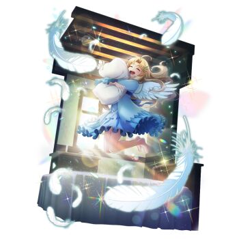 1girl :d ^_^ ahoge artist_request barefoot bed bird_girl bird_wings blonde_hair blue_dress child closed_eyes curtained_hair day dress falling_feathers feathered_wings feathers filo_(tate_no_yuusha_no_nariagari) floating floating_hair frilled_dress frilled_sleeves frills full_body game_cg hugging_object indoors light_particles long_hair long_sleeves medium_dress official_art open_mouth pillow simple_background smile solo sparkle straight_hair tate_no_yuusha_no_nariagari tate_no_yuusha_no_nariagari_rerise teeth tongue transparent_background two-tone_dress upper_teeth_only white_dress white_wings wing_hairpin wings
