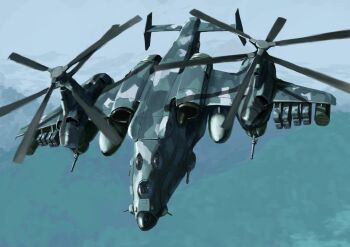 aircraft attack_helicopter camouflage flying gun helicopter highres machine_gun mecha military military_vehicle missile_pod no_humans original robot sky tyokugekidato vehicle_focus weapon woodland_camouflage