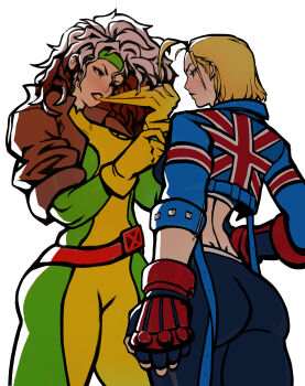 2girls absurdres ass blonde_hair blue_eyes blue_jacket bodysuit union_jack brown_hair cammy_white crossover gloves green_eyes highres huge_ass jacket marvel marvel_vs._capcom multiple_girls peterchai rogue_(x-men) short_hair street_fighter street_fighter_6 thick_thighs thighs wide_hips x-men