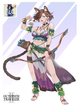 1girl animal_ear_fluff animal_ears anklet arrow_(projectile) bandaged_leg bandages bangle bare_shoulders barefoot bell belt black_collar blue_eyes blue_nails bow_(weapon) bracelet breasts breasts_apart brown_hair collar commentary_request copyright_name earrings full_body gem hair_over_one_eye highres holding holding_bow_(weapon) holding_weapon jewelry jingle_bell loincloth looking_at_viewer medium_breasts midriff nail_polish navel neck_bell necklace octopath_traveler octopath_traveler_ii one_eye_covered open_mouth photo_inset ptdoge purple_gemstone quiver short_hair solo standing tail throne_anguis toenail_polish toenails toned toned_female weapon