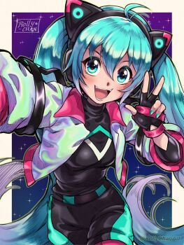 Rule 34 | 1girl, animal ear headphones, animal ears, aqua eyes, aqua hair, biker clothes, bikesuit, black gloves, bodysuit, cat ear headphones, cat ears, cowboy shot, cropped jacket, fake animal ears, fingerless gloves, gloves, hair between eyes, hatsune miku, headphones, jacket, long hair, looking at viewer, open mouth, rollychanart, smile, solo, sonic (series), sonic racing: crossworlds, twintails, v, very long hair, vocaloid, white jacket