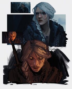 1girl artist_name black_sclera braid braided_ponytail ciri colored_sclera long_hair looking_at_viewer multiple_views pepijopa reference_inset the_witcher_(series) the_witcher_4 white_hair yellow_eyes