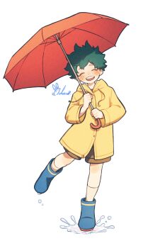 1boy absurdres arms_up blue_boots boku_no_hero_academia boots brown_shorts chacha_(ochaco_gnsn) coat commentary_request double-parted_bangs green_hair hair_between_eyes highres holding holding_umbrella hood hooded_coat long_sleeves male_focus midoriya_izuku puddle red_umbrella rubber_boots short_hair shorts signature splashing umbrella white_background yellow_coat