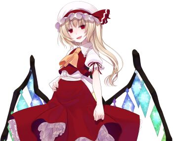 1girl :d ascot back_bow blonde_hair bow center_frills collared_shirt commentary_request cowboy_shot cropped_vest crote crystal_wings fingernails flandre_scarlet frilled_shirt_collar frilled_skirt frilled_sleeves frills hand_on_own_hip hat hat_ribbon highres large_variant_set layered_skirt long_hair long_skirt looking_at_viewer mob_cap open_mouth puffy_short_sleeves puffy_sleeves red_eyes red_ribbon red_skirt red_vest ribbon shirt short_sleeves side_ponytail skirt sleeve_ribbon smile solo tachi-e teeth touhou transparent_background upper_teeth_only variant_set vest white_bow white_hat white_shirt wing_collar wings yellow_ascot