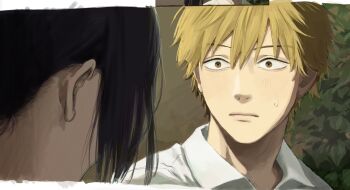 1boy 1girl black_hair blonde_hair brown_eyes chainsaw_man closed_mouth collared_shirt denji_(chainsaw_man) hair_between_eyes highres looking_at_another plant potted_plant reze_(chainsaw_man) shirt short_hair sweat sweatdrop upper_body vyanzzi white_shirt wide-eyed