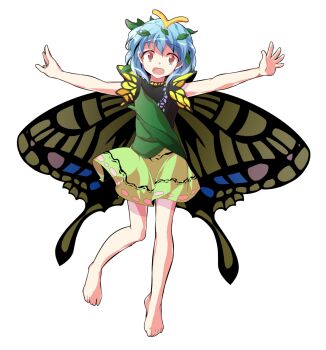 1girl alphes_(style) antennae aqua_hair barefoot butterfly_wings commentary_request dairi dress eternity_larva fairy full_body green_dress hair_between_eyes insect_wings large_variant_set leaf leaf_on_head multicolored_dress outstretched_arms parody short_hair solo spread_arms style_parody tachi-e touhou transparent_background variant_set wings