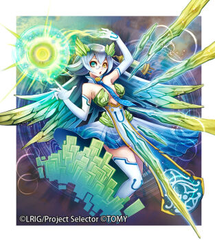 1girl blue_hair blue_necktie blue_skirt copyright_request elbow_gloves feather_hair_ornament feathers glasses gloves green_eyes hair_ornament heterochromia long_hair looking_at_viewer necktie nekobayashi official_art ragen_uran_(wixoss) red_eyes skirt solo thighhighs very_long_hair white_background white_gloves white_thighhighs wixoss