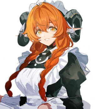 1girl apron braid breasts commentary goat_horns green_eyes highres horns jionghai large_breasts long_hair maid maid_apron maid_headdress orange_hair orphie_magnusson pointy_ears smile solo symbol-only_commentary twin_braids zenless_zone_zero