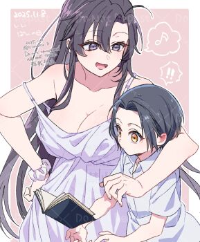 ! !! 1boy 1girl :d age_difference aged_down ahoge alternate_costume alternate_hair_length alternate_hairstyle arm_around_shoulder bare_shoulders black_hair blush book breasts cleavage collarbone collared_shirt contemporary dated dress eyelashes genderswap genderswap_(mtf) hair_between_eyes hair_down hand_on_own_hip hetero kimako_(kimako_8) lan_wangji large_breasts long_hair looking_at_another modao_zushi musical_note onee-shota open_book open_mouth parted_bangs purple_eyes reading scrunchie shirt short_hair short_sleeves sidelocks smile spoken_exclamation_mark spoken_musical_note strap_slip twitter_username very_long_hair watermark watermark_grid wei_wuxian white_dress white_shirt wrist_scrunchie yellow_eyes