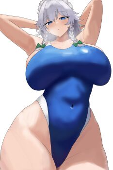1girl absurdres arms_up bare_hips blue_eyes blue_one-piece_swimsuit breasts commentary_request covered_navel highres izayoi_sakuya large_breasts looking_at_viewer maid_headdress medium_hair moriforest1040 one-piece_swimsuit solo swimsuit touhou