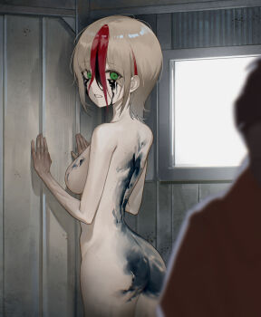 1boy 1girl absurdres ass blonde_hair blood breasts clothed_male_nude_female completely_nude from_behind green_eyes hair_between_eyes highres indoors k_hottok looking_at_viewer looking_back medium_breasts multicolored_hair nude parted_lips red_hair scp-173 scp_foundation short_hair solo_focus standing streaked_hair teeth