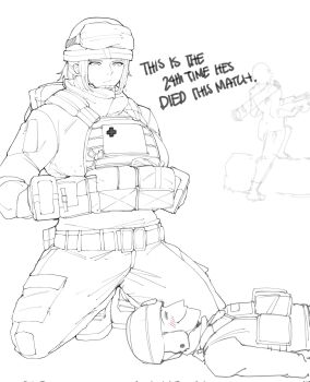 1boy 1girl 1other blush check_copyright closed_mouth copyright_request defibrillator english_text full_body goggles goggles_on_headwear greyscale helmet highres holding kneeling littleclevie load_bearing_vest long_sleeves lying medium_hair military_combat_uniform military_uniform monochrome on_back original pants sidelocks simple_background smile soldier standing upper_body white_background