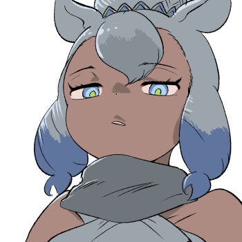 1girl animal_ears bare_shoulders blue_eyes blue_hair dress extra_ears grey_dress grey_hair grey_scarf hair_ornament kemono_friends long_hair looking_at_viewer mcgunngu multicolored_hair paraceratherium_(kemono_friends) rhinoceros_ears rhinoceros_girl scarf simple_background solo two-tone_hair upper_body