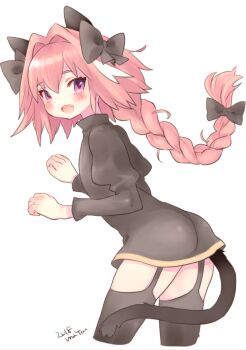 1boy androgynous animal_ears armored_skirt astolfo_(fate) astolfo_(rider)_(fate) black_bow black_garter_straps black_sweater black_thighhighs bow braid cat_boy cat_ears cat_tail commentary_request cropped_legs fang fate/apocrypha fate_(series) garter_straps hair_bow hair_intakes long_hair maitou male_focus multicolored_hair open_mouth pink_hair purple_eyes signature simple_background single_braid skin_fang smile solo streaked_hair sweater tail thighhighs white_background white_hair zettai_ryouiki