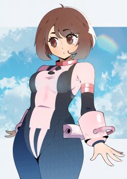 1girl belt black_bodysuit bodysuit boku_no_hero_academia breasts brown_eyes brown_hair female_focus gjh medium_breasts multicolored_bodysuit pink_bodysuit short_hair sidelocks skin_tight solo superhero_costume uraraka_ochako uraraka_ochako_(hero_outfit) white_bodysuit