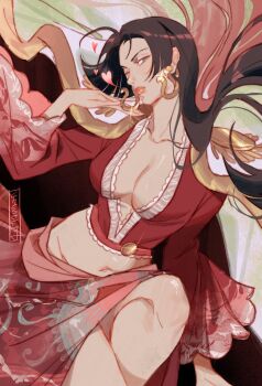 1girl black_hair blush boa_hancock breasts cheseely cleavage closed_mouth commentary earrings epaulettes heart highres jewelry kuja_pirates_jolly_roger long_hair long_sleeves looking_at_viewer midriff navel one_eye_closed one_piece sidelocks snake_earrings solo