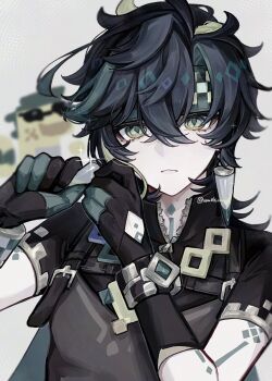 1boy ajaw_(genshin_impact) amekamu black_hair black_shirt body_markings chest_harness closed_mouth clothing_cutout collared_shirt commentary crossed_bangs diamond-shaped_pupils diamond_(shape) earrings english_commentary eyelashes frown genshin_impact glove_cutout gloves green_eyes grey_background harness highres holding holding_earrings jewelry kinich_(genshin_impact) looking_at_viewer male_focus multicolored_gloves parted_bangs piercing shirt short_sleeves simple_background solo symbol-shaped_pupils unzipped upper_body zipper