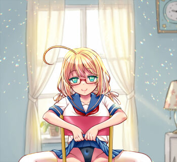 1girl bedroom black_one-piece_swimsuit blonde_hair blue_sailor_collar blue_skirt breasts chair clock commentary_request curtains desk_lamp feet_out_of_frame glasses green_eyes highleg highleg_one-piece_swimsuit i-8_(kancolle) indoors izumi_shara kantai_collection lamp large_breasts low_twintails neckerchief nightstand one-piece_swimsuit pleated_skirt red-framed_eyewear red_neckerchief sailor_collar sailor_shirt school_uniform serafuku shirt short_sleeves sitting sitting_backwards skirt solo swimsuit swimsuit_under_clothes twintails white_shirt
