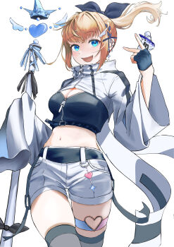 1girl absurdres black_bow black_shirt black_thighhighs blonde_hair blue_eyes blush bow breasts cleavage commentary_request fingerless_gloves gloves hair_bow highres holding hxk4_n jacket long_hair long_sleeves looking_at_viewer medium_breasts navel open_mouth original ponytail shirt shorts shrug_(clothing) simple_background sleeves_past_fingers sleeves_past_wrists smile solo thigh_strap thighhighs white_background white_jacket white_shorts white_shrug