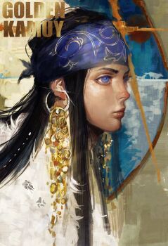 Rule 34 | 1girl, ainu, ainu clothes, asirpa, bandana, black hair, blue bandana, blue eyes, earrings, golden kamuy, hashtag-only commentary, highres, hoop earrings, jewelry, long hair, profile, realistic, slaughtersafe, solo, upper body