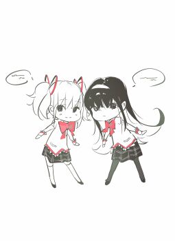 2girls akemi_homura bow bowtie chibi chinese_commentary closed_mouth collared_shirt colored_inner_hair commentary_request expressionless greyscale hair_between_eyes hair_ribbon hairband happy heads_together high_collar highres juliet_sleeves kaname_madoka lace lace-trimmed_shirt lace-trimmed_sleeves lace_trim legs_apart light_blush light_frown long_hair long_sleeves looking_at_viewer mahou_shoujo_madoka_magica mahou_shoujo_madoka_magica_(anime) miniskirt mitakihara_school_uniform monochrome multicolored_hair multiple_girls pantyhose plaid_clothes plaid_skirt pleated_skirt pocket puffy_sleeves red_bow red_bowtie red_ribbon ribbon school_uniform shirt shoes short_hair short_twintails sidelocks sijimao simple_background skirt sleeve_cuffs smile speech_bubble spot_color standing straight_hair talking thighhighs twintails very_long_hair white_background zettai_ryouiki