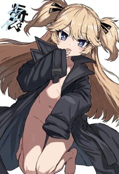 1girl black_coat blonde_hair blue_eyes breasts coat girls'_frontline hand_up highres loli long_hair looking_at_viewer naked_coat navel open_clothes open_coat open_mouth r_scrubed short_twintails small_breasts solo super-shorty_(girls'_frontline) twintails very_long_hair