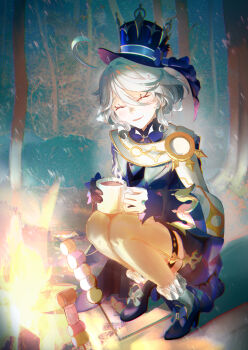 1girl absurdres ahoge ankle_socks asymmetrical_gloves black_footwear black_gloves blue_hat blue_jacket borrowed_clothes closed_mouth cup food frilled_socks frills furina_(genshin_impact) genshin_impact gloves hat high_heels highres holding holding_cup hot_chocolate jacket long_sleeves marshmallow mismatched_gloves mug parted_lips scarf shiozawahoushou smile socks solo squatting thigh_strap top_hat white_gloves white_hair white_scarf white_socks