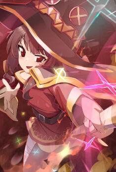 Rule 34 | 1girl, absurdres, bandaged leg, bandages, belt, black hat, black thighhighs, brown hair, commentary request, dress, hat, highres, holding, kono subarashii sekai ni shukufuku wo!, looking at viewer, megumin, open mouth, red dress, red eyes, single thighhigh, solo, suzume (patapata suzu), thighhighs
