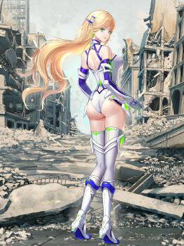 1girl ass back_cutout blonde_hair breasts clothing_cutout dairoku_ryouhei day earrings elizabeth_knights gloves green_eyes grey_thighhighs hair_ornament highres jewelry kansai_takeru leotard long_hair looking_at_viewer looking_back medium_breasts outdoors ruins shoes solo standing thighhighs white_shoes