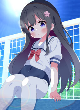 1girl arm_support black_hair blue_eyes blue_one-piece_swimsuit blue_school_swimsuit blush bow bowtie building cloud collarbone fence flat_chest flower hair_flower hair_ornament highres lens_flare loli long_hair looking_at_viewer one-piece_swimsuit open_mouth pantyhose pantyhose_under_swimsuit plant pool poolside r245 rainbow red_bow red_bowtie school school_swimsuit school_uniform shirosaki_hana shirt short_sleeves sitting sky soaking_feet sun swimsuit swimsuit_under_clothes watashi_ni_tenshi_ga_maiorita! water white_pantyhose white_shirt