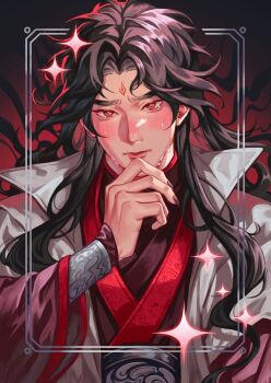 Rule 34 | 1boy, black background, black hair, black nails, blush, chinese clothes, closed mouth, coat, collared coat, commentary, crying, crying with eyes open, curtained hair, facial mark, fingernails, floating hair, forehead mark, furrowed brow, gradient background, hand on own chin, hanfu, highres, inset border, layered sleeves, long hair, long sleeves, looking at viewer, luo binghe, male focus, nose blush, parted bangs, parted hair, popped collar, pout, purple hanfu, red background, red eyes, red trim, renzha fanpai zijiu xitong, sharp fingernails, solo, sparkle, tears, thick eyebrows, upper body, upturned eyes, verbartt, wavy hair, white coat, wide sleeves, zuiyin