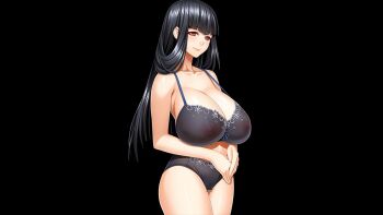 1girl black_hair black_panties blush bra breasts censored covered_erect_nipples huge_breasts ino_(magloid) long_hair looking_at_viewer mosaic_censoring niizuma_koyomi nipples panties red_eyes simple_background smile solo tagme uikawa_shino underwear visual_novel