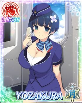 Rule 34 | 1girl, airplane interior, arm behind back, arm up, blue eyes, blue hair, border, bowl cut, breasts, card (medium), character name, cleavage, closed mouth, flight attendant, flight attendant hat, flower, formal clothes, game cg, garrison cap, hair flower, hair ornament, hat, large breasts, looking at viewer, official art, pencil skirt, senran kagura, senran kagura new wave, shirt, short hair, skirt, smile, solo, suit, third-party source, travel attendant, white shirt, yozakura (senran kagura)