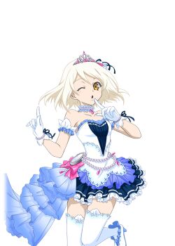 Rule 34 | 1girl, alice (tales), arm garter, bead bracelet, beads, blonde hair, bracelet, breasts, choker, cosplay, dress, finger to mouth, frilled choker, frills, game cg, gem, gloves, high heels, idol, idol clothes, idolmaster, idolmaster cinderella girls, jewelry, necklace, official alternate costume, official art, one eye closed, open mouth, pearl (gemstone), pearl bracelet, pearl choker, pearl necklace, pendant watch, short hair, solo, starry sky bright (idolmaster), strapless, strapless dress, tales of (series), tales of asteria, tales of symphonia, tales of symphonia: dawn of the new world, thighhighs, tiara, watch, white dress, white gloves, white thighhighs, yellow eyes