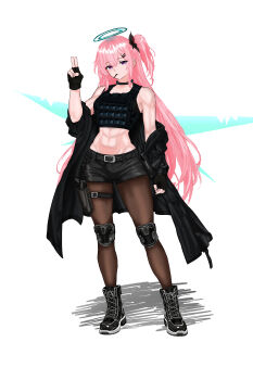 1girl abs absurdres ambriel_(arknights) arknights armor bare_shoulders belt belt_buckle black_belt black_boots black_coat black_gloves black_shorts blue_halo boots brown_pantyhose buckle bulletproof_vest coat collarbone commentary commission crop_top energy_wings english_commentary fingerless_gloves fishnet_pantyhose fishnets food food_in_mouth full_body gloves gun hair_between_eyes hair_ornament hairclip halo handgun highres holster holstered knee_boots knee_pads lace-up_boots long_hair midriff navel off_shoulder one_side_up pantyhose pink_hair pixiv_commission pocky pocky_in_mouth purple_eyes short_shorts shorts simple_background solo standing thigh_belt thigh_holster thigh_strap toned toned_female tororinego very_long_hair weapon white_background