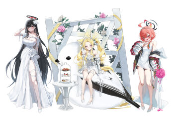 Rule 34 | 3girls, ahoge, alternate costume, animal ears, bandaid, bandaid on knee, bandaid on leg, bare shoulders, black hair, black halo, blonde hair, blue archive, blush, bouquet, braid, breasts, bright pupils, cleavage, closed mouth, commentary request, dress, flower, fox ears, fox girl, full body, gloves, hair between eyes, hair flower, hair ornament, halo, hand up, high heels, highres, holding, holding bouquet, jacket, large breasts, long hair, long sleeves, looking at viewer, multicolored halo, multiple girls, neru (blue archive), open clothes, open jacket, open mouth, orange hair, pink flower, pink rose, red eyes, ringed eyes, rio (blue archive), rose, rosu 1109, seia (blue archive), shoes, short dress, short hair, simple background, sitting, smile, solo, standing, strapless, strapless dress, thighs, two-tone halo, v-shaped eyebrows, very long hair, white background, white dress, white flower, white gloves, white pupils, white shoes