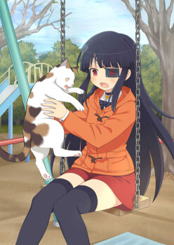 1girl :o animal bare_tree black_choker black_hair black_thighhighs blue_sky blunt_bangs blush calico_(pattern) calico_cat casual cat chain choker cloud cloudy_sky coat day eyepatch fang flat_chest heart heart_choker heart_pendant hime_cut holding holding_animal holding_cat long_hair looking_at_animal looking_at_viewer miniskirt mirai_(senran_kagura) mitsudomoe_(shape) official_art open_mouth orange_coat outdoors pendant_choker playground red_eyes red_skirt senran_kagura senran_kagura_new_wave senran_kagura_shoujo-tachi_no_shin&#039;ei shiny_skin sidelocks sitting skirt sky slide solo swing swing_set thighhighs tomoe_(symbol) tongue tree